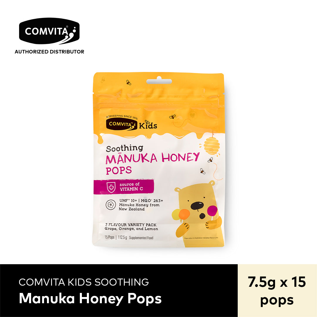 Comvita KIDS SOOTHING POPS WITH UMF™ 10+ MANUKA HONEY (3 Flavor Variety Pack – Grape, Orange, and Lemon)