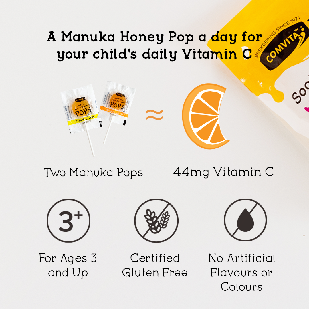 Comvita KIDS SOOTHING POPS WITH UMF™ 10+ MANUKA HONEY (3 Flavor Variety Pack – Grape, Orange, and Lemon)